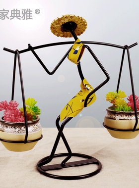 创意桌面小花器田园人物花架傣族挑担少女家居装饰摆件收藏装饰