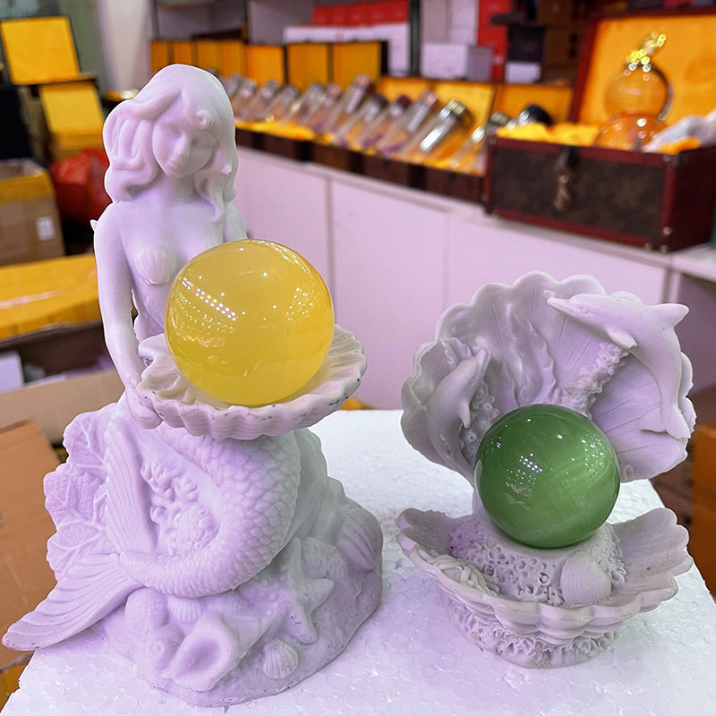 水晶球树脂底座 美人鱼海豚贝壳树脂球座工艺品摆件 居家办公背景