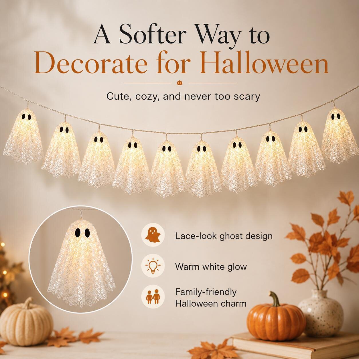 跨境新品 Lighted Lace Ghost Garland蕾丝幽灵花环 节日派对生日