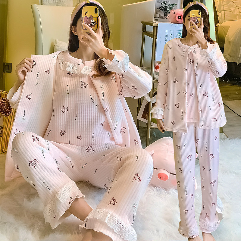 月子服秋冬纯棉孕妇睡衣产后11月份哺乳喂奶衣加厚家居服三件套装