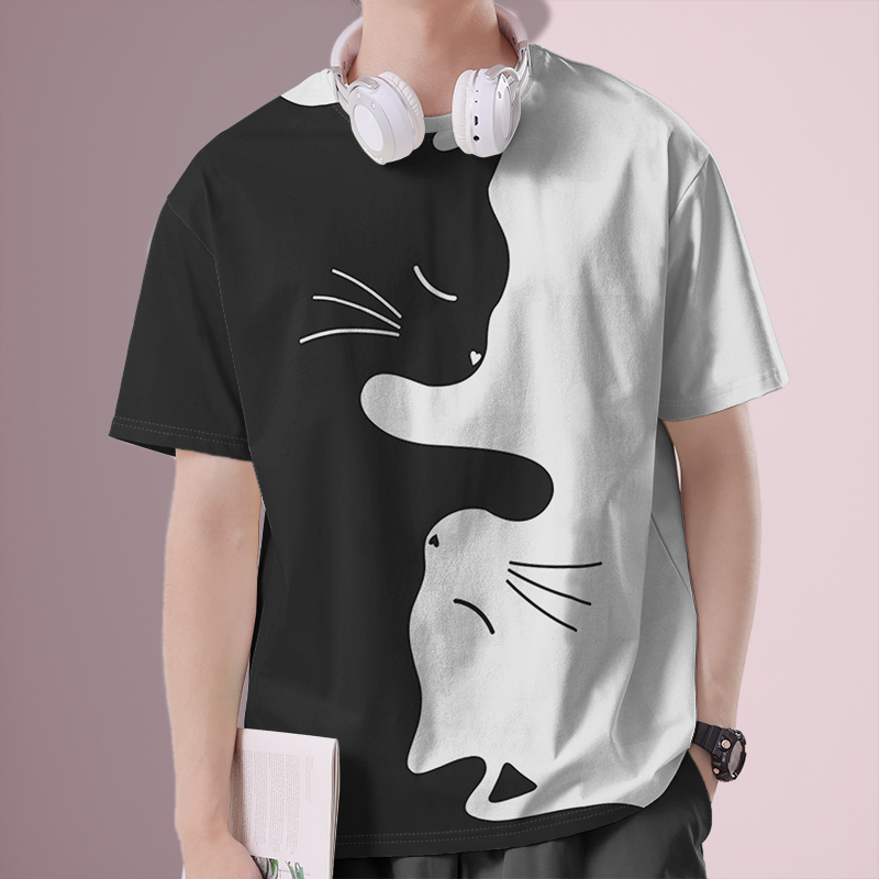 日系简约撞色两极猫咪小速干T恤