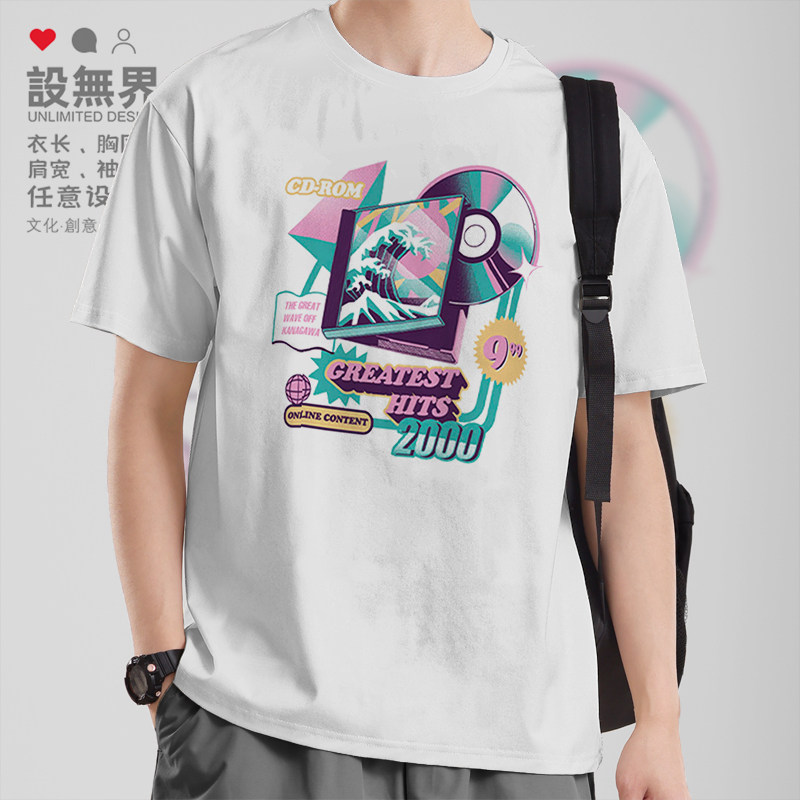 神奈川冲浪里复古CD碟片海报短袖T恤男女宽松休闲圆领短t设 无界
