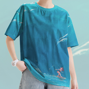 蓝色海洋冲浪花插画满印速干T恤男女欧美风ins潮牌上衣夏设 无界