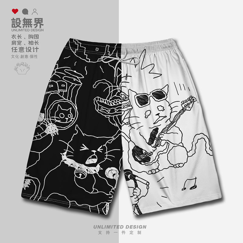 原创摇滚魔幻猫咪抽象涂鸦黑短裤