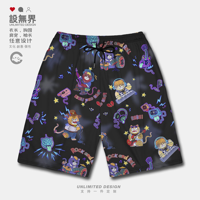 原创复古潮牌猫咪摇滚乐队赛短裤