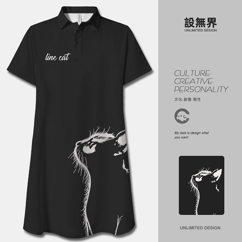 日系可爱发光猫咪线条感3D宠物POLO领连衣裙显瘦长裙0017设 无界