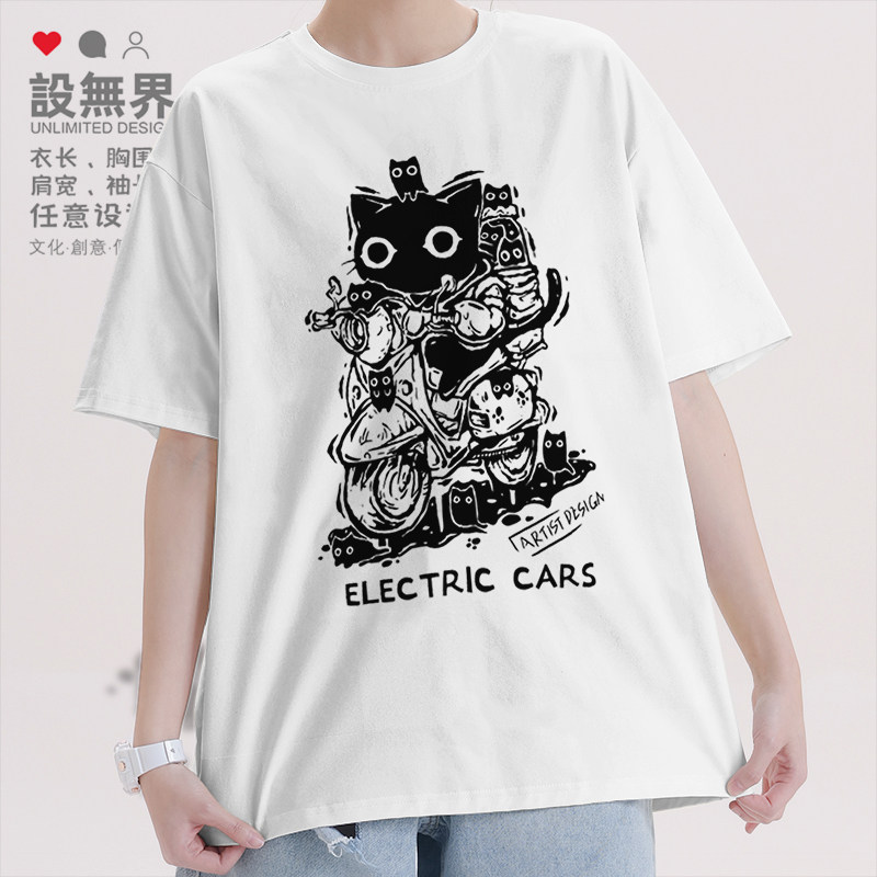 卡通可爱黑猫骑摩托车插画短袖T恤男女个性创意纯棉短t潮设 无界