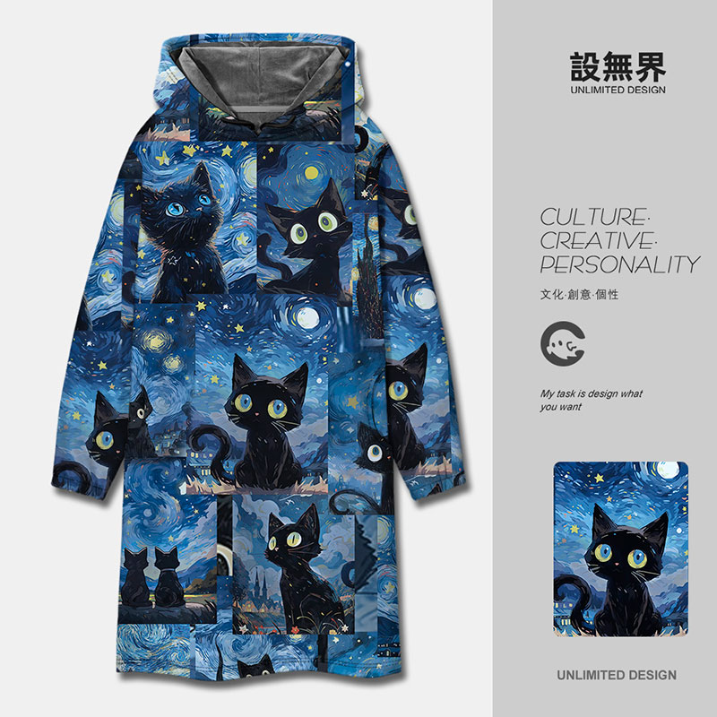 卡通梵高星空猫咪黑猫星月卫衣裙