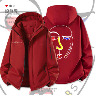 抽象简笔画圆脸图案韩潮复古线条文艺加厚棉服男女外套潮设 无界