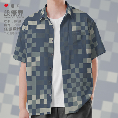 美式拼接棋盘格格子马赛短袖衬衫