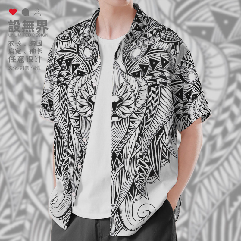 狂野精神手绘狮子头威武霸气复古大码短袖衬衫男女装0018设 无界