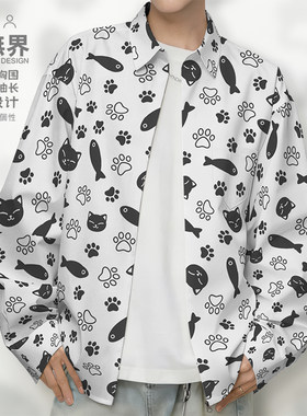 日系猫咪小鱼涂鸦痞帅沙长袖衬衫