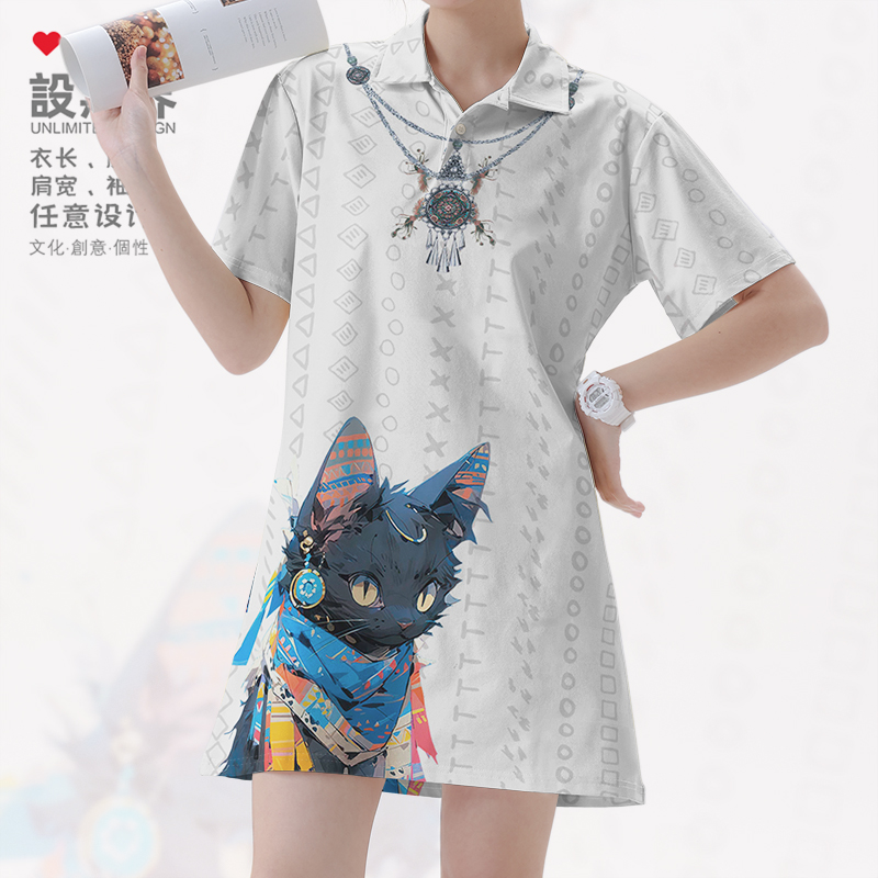 国潮民族风猫咪苗族项POLO领短裙