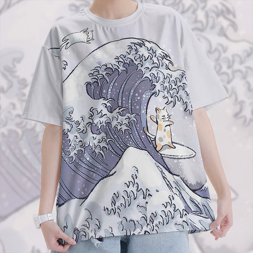 日系神奈冲浪里名画可爱速干T恤