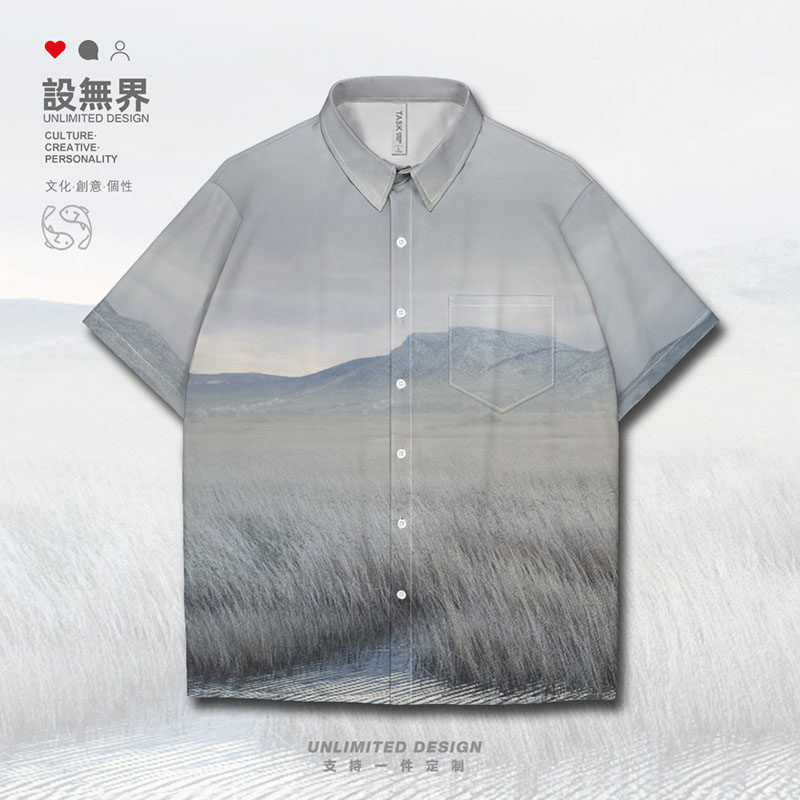 雪山草原冷色调冷淡风炫酷大码短袖衬衫男装女装衬衣0010设 无界