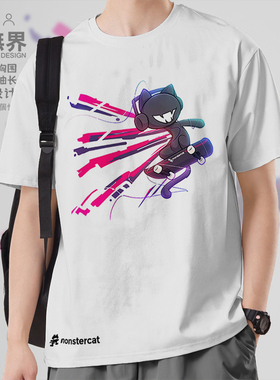 电音猫厂Monstercat听音乐滑板猫短袖T恤男女个性衣服0001设 无界