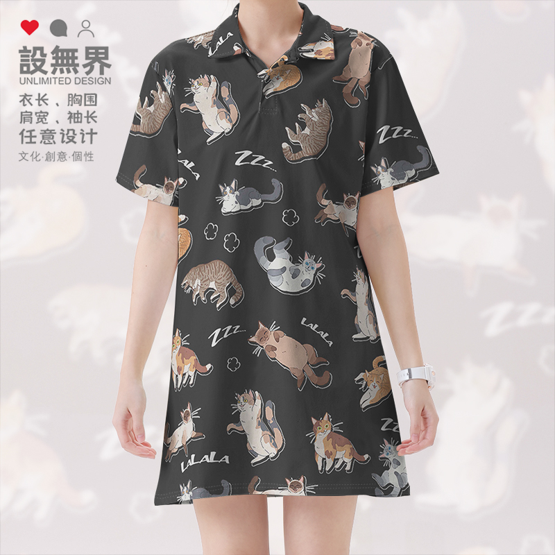 日系复古慵懒猫咪家族可爱童趣POLO领连衣裙显瘦夏装0017设 无界