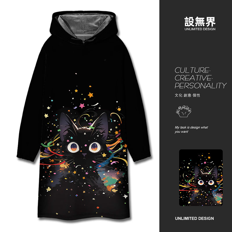 潮牌星星萌宠猫咪梦幻卡通卫衣裙