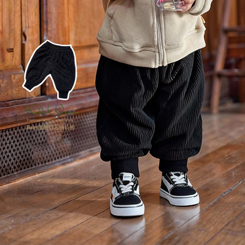 婴儿童秋冬新款男童灯芯绒长裤加绒加厚束脚裤保暖百搭黑色裤子