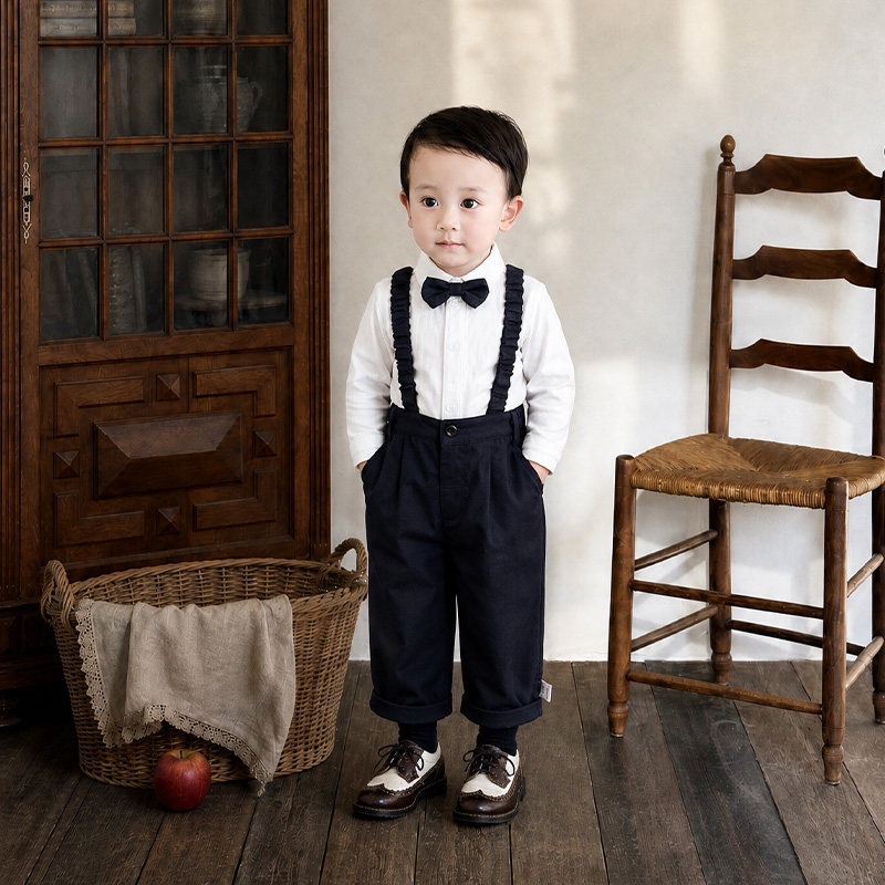 儿童Polo衫男童领结礼服长袖背带裤绅士服周岁礼服幼儿园演出服潮图片