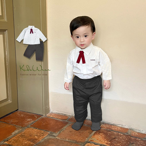 儿童礼服婴童英伦风格雷系纯棉衬衣裤子学院春秋款男宝宝周岁礼服