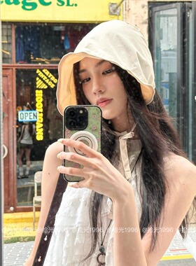 出口单！轻薄透气系带翻边防晒水桶帽女春夏季米色渔夫帽遮阳盆帽