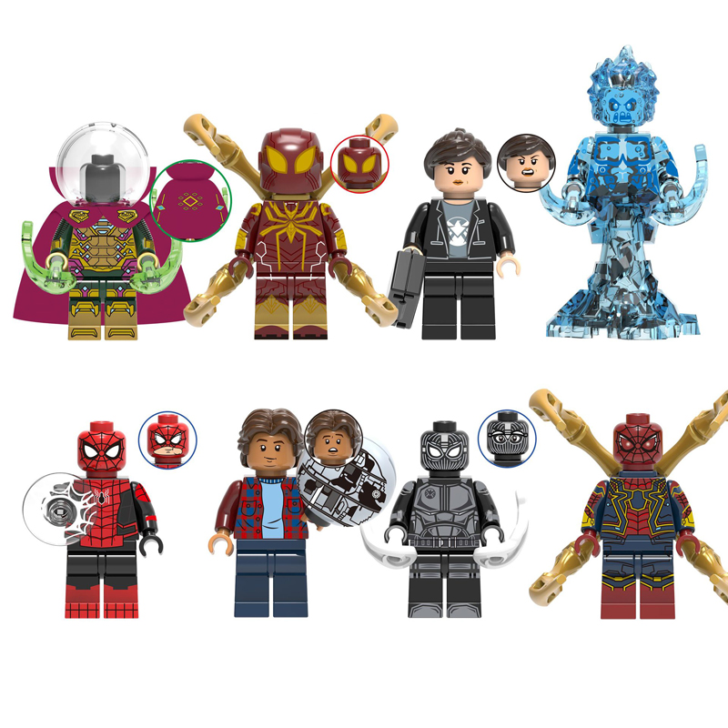 国产益智钢铁蜘蛛人仔侠英雄远征水人昆汀神秘客希尔拼装积木玩具