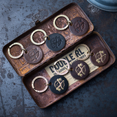 字母黄铜圈 户外探险机车钥匙圆形挂件 山岩 霍尔文真皮钥匙扣