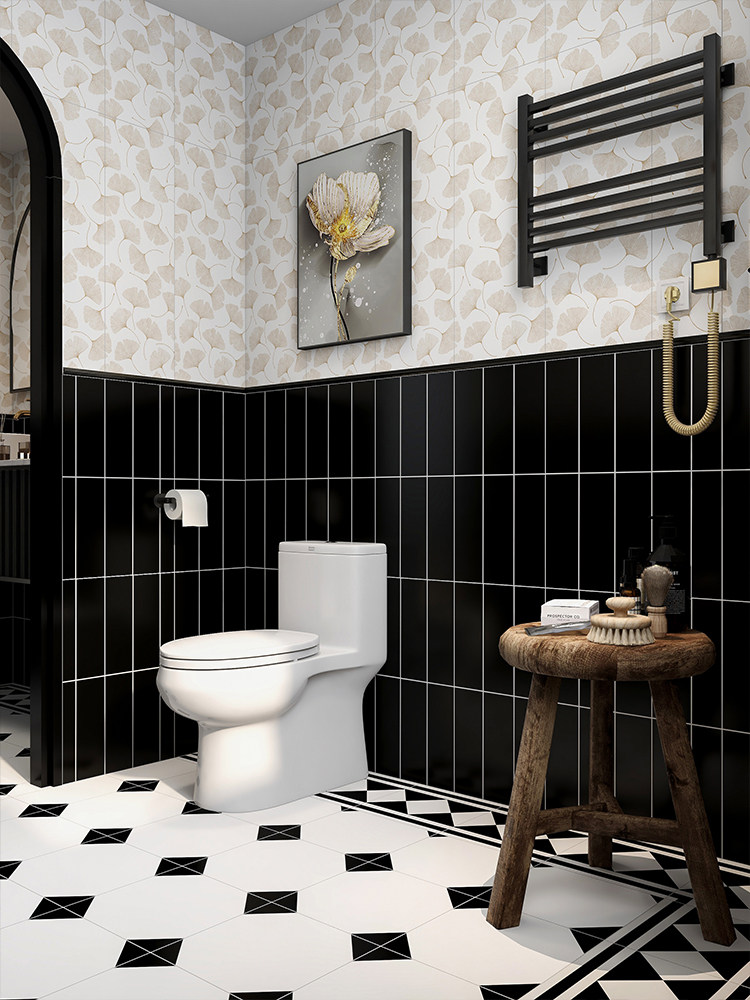 法式黑白格子花砖厨房卫生间银杏叶墙砖300×300阳台玄关防滑地砖