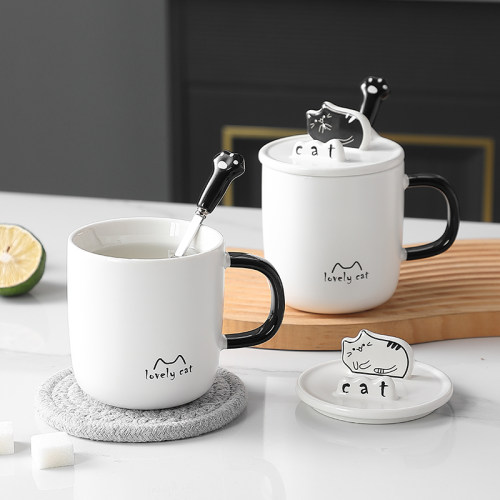 猫咪陶瓷杯子马克杯带盖勺