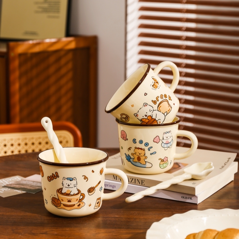 可爱猫咪马克杯陶瓷杯子带勺卡通咖啡杯女生办公室高颜值水杯米珩