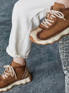 2024秋冬新款牛皮单鞋系带圆头高帮运动休闲鞋拼色英伦风时尚