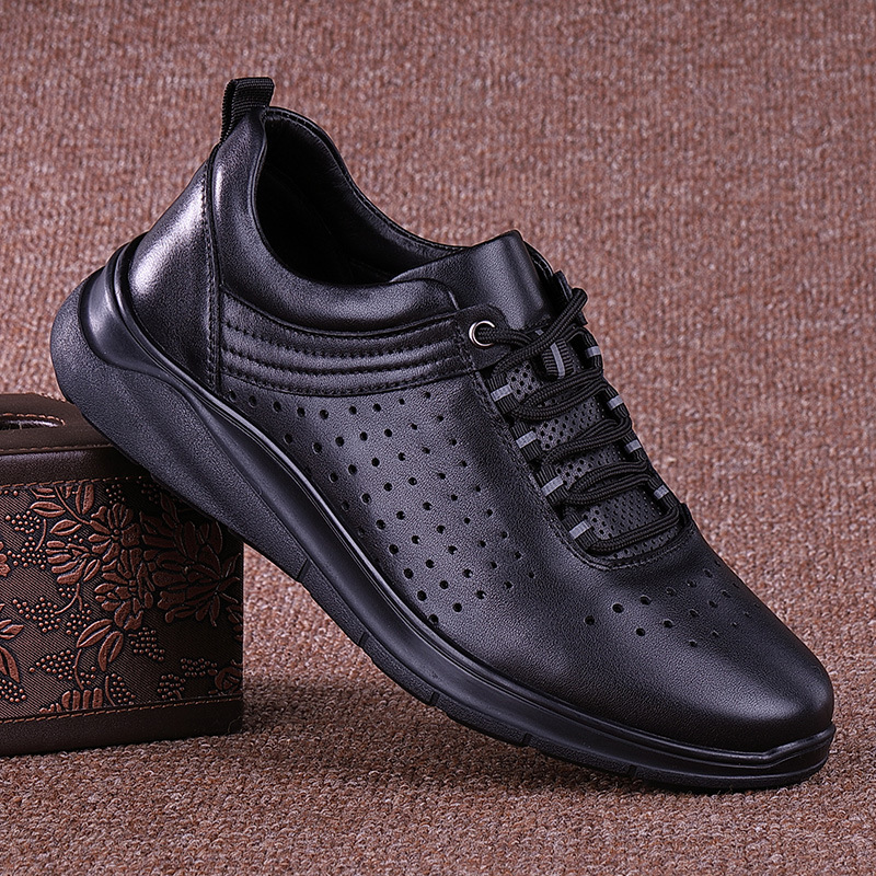 外贸夏季男鞋头层牛皮运动皮鞋真皮透气打孔软底软皮镂空休闲皮鞋