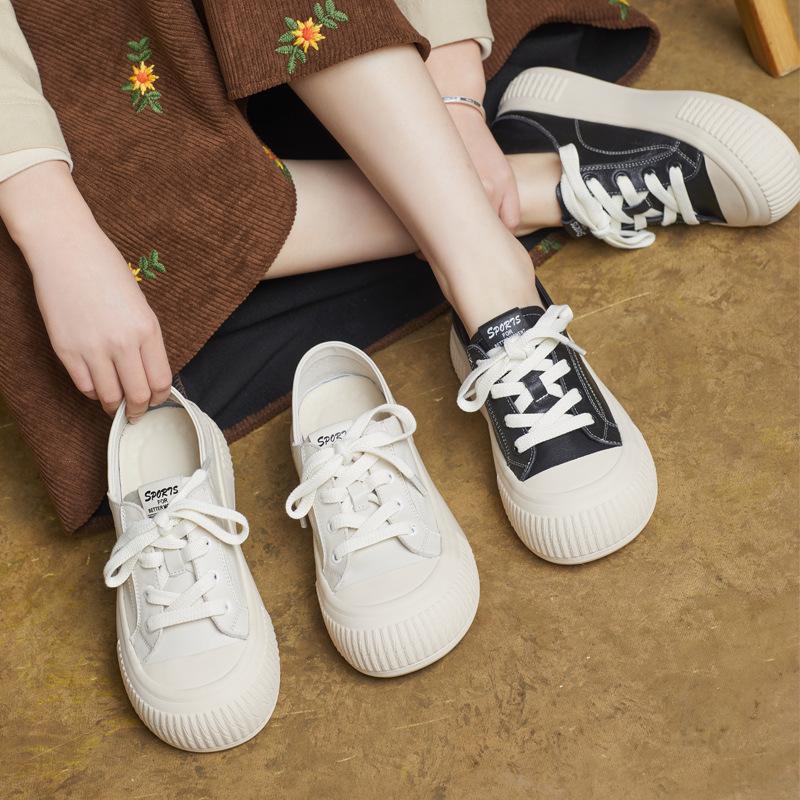 2025春季新款真皮圆头英伦风小白鞋系带平跟休闲单鞋板鞋