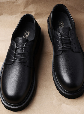 厂家直供真皮休闲皮鞋男5cm厚底柔软舒适黑色大头德比鞋