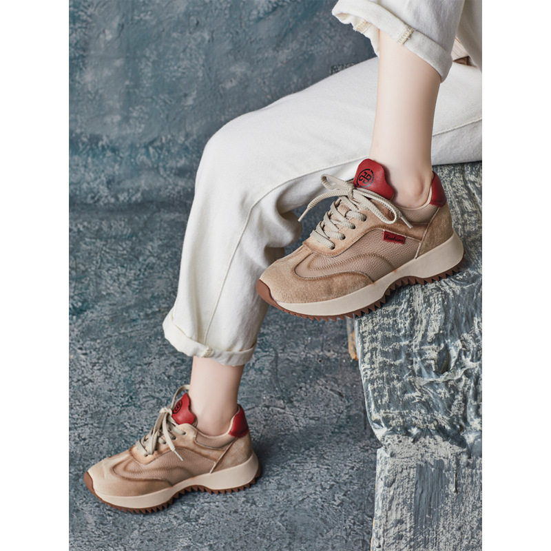 2024春季新款牛皮软底德训鞋休闲单鞋交叉绑带厚底拼色阿甘鞋