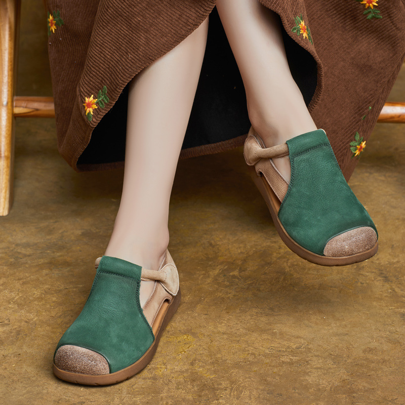 2025春季新款真皮英伦风手工圆头拼色魔术贴平跟休闲单鞋