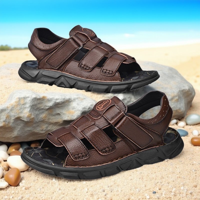 跨境大码凉鞋 夏季真牛皮透气沙滩休闲男鞋乳胶垫踩屎感男士凉鞋,流行男鞋,休闲凉鞋,淘宝优惠券,粉丝福利购,淘宝优惠卷