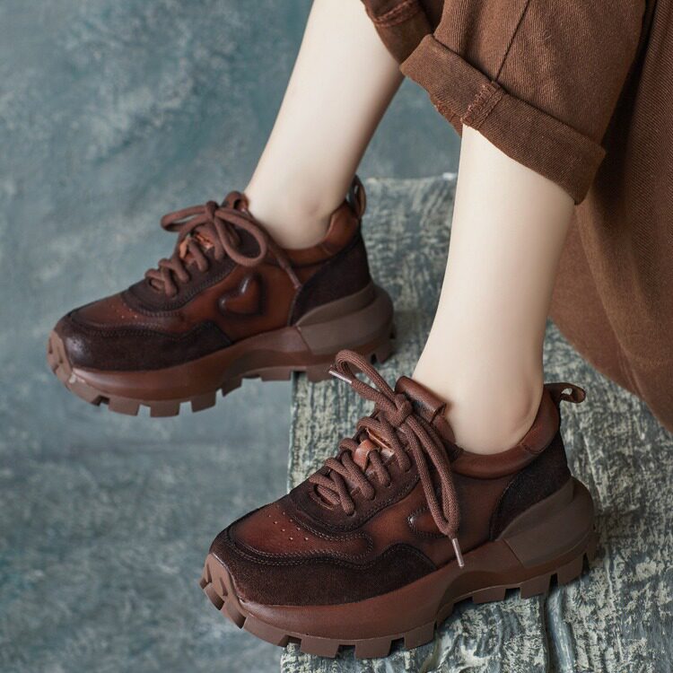 2024春季新款牛皮软底德训鞋休闲拼色单鞋交叉绑带厚底复古