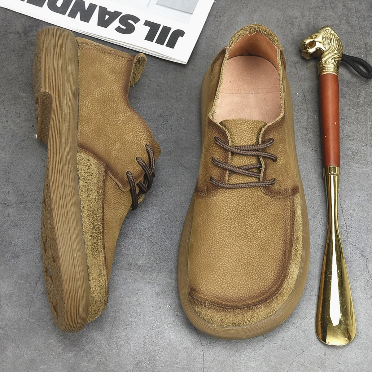 新款系带男鞋宽头真皮休闲皮鞋男复古百搭软皮软底单鞋子男宽脚潮