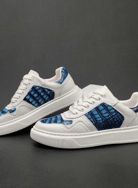 男士真皮鳄鱼纹板鞋男款潮鞋欧洲站男生小众潮流百搭拼色休闲男鞋