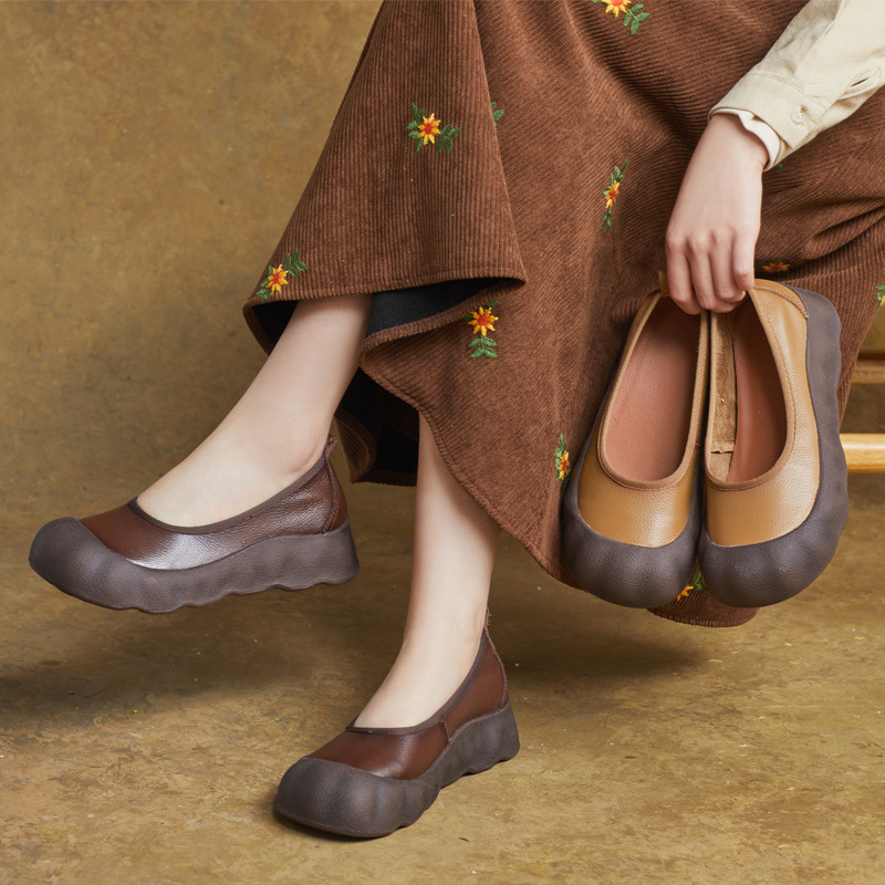 2025春季新款真皮圆头英伦风套脚平跟单鞋休闲鞋韩版小单鞋