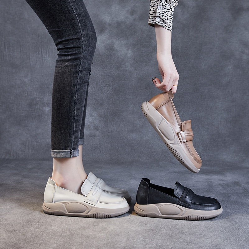 2025春季新款牛皮乐福鞋女休闲单鞋女真皮时尚复古妈妈鞋女皮鞋