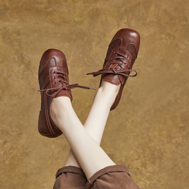 2025春季新款英伦风真皮手工方头系带平跟单鞋软底休闲鞋德训鞋
