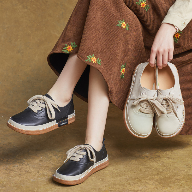 2025春季新款真皮圆头英伦风系带平跟休闲单鞋撞色女鞋