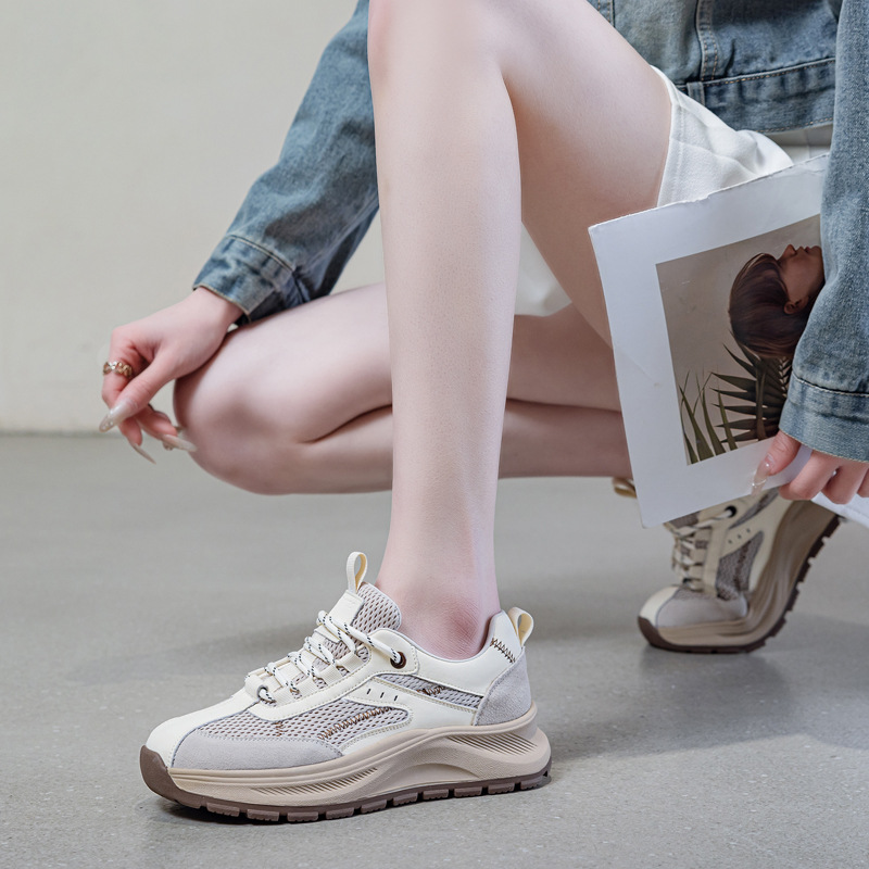 真皮网面小白鞋女厚底2025春秋新款松糕休闲鞋百搭复古软底阿甘鞋