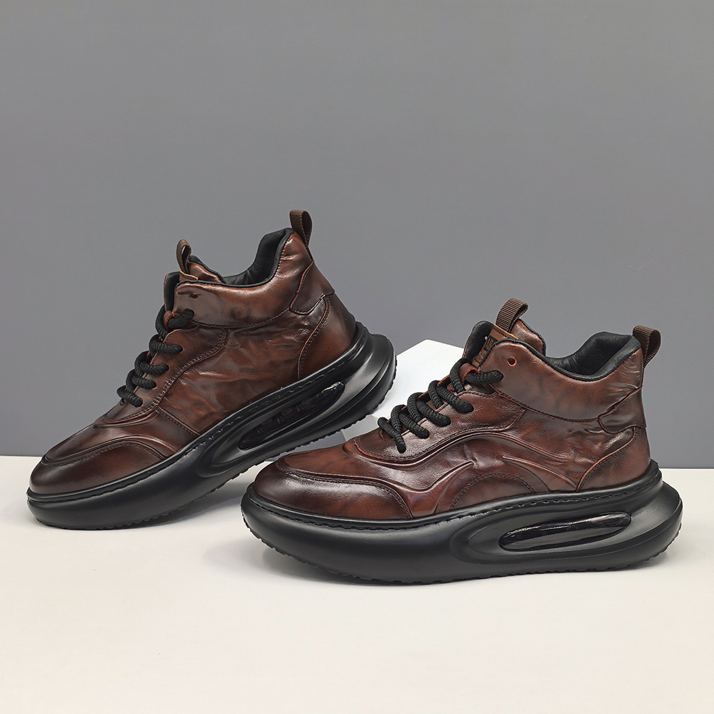 男生头层牛皮厚底运动休闲鞋板鞋男款潮鞋欧洲站中帮小众百搭男鞋