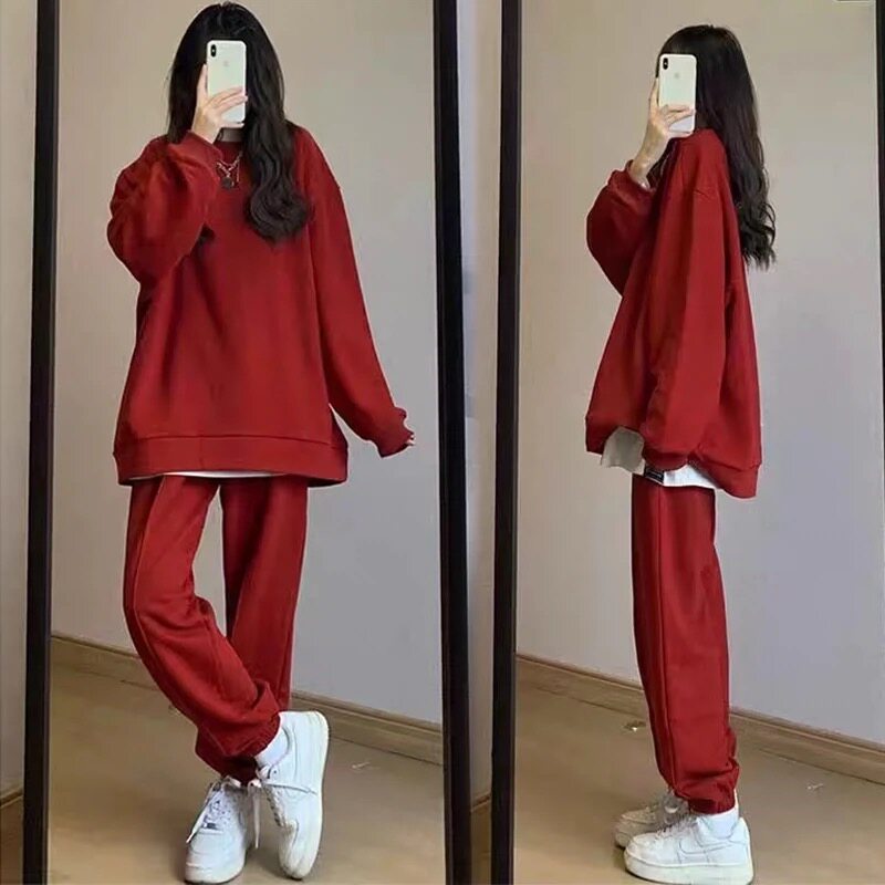 新年休闲运动服套装女秋冬宽松红色加绒加厚卫衣阔腿裤两件套跑步