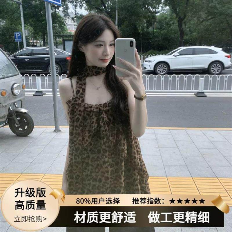 美式辣妹豹纹荷叶边吊带背心女夏外穿配挂脖系带绝美宽松无袖上衣