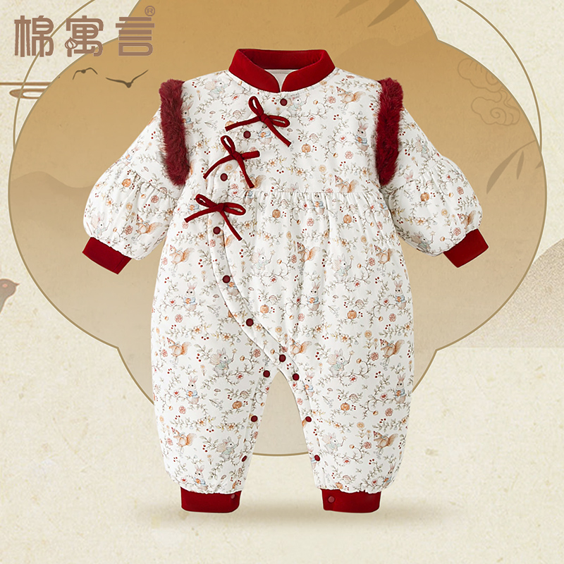 宝宝冬季衣服纯棉花外出服婴儿加厚连体衣洋气蝴蝶结长袖保暖哈衣